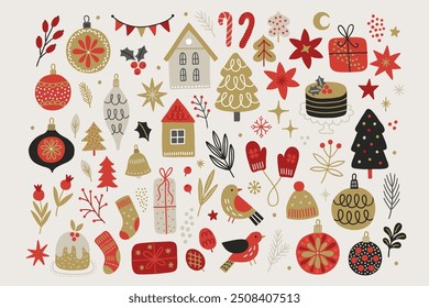 Christmas set - house, star, garland, fir tree, candy cane, flower, bird, mittens, socks, bell, berries, balls on white background. Perfect for winter greeting cards, decorations. Vector illustration