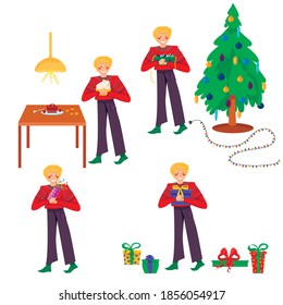 Christmas set  of human characters and vector illustration of a Christmas tree: a guy prepares for the new year, decorates a Christmas tree, launches a clapperboard, makes gifts and prepares a cupcake