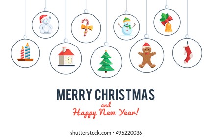Christmas set of icon tree, present, snowman, bell, gingerbread man, candy cane and bear. Vector illustrator Merry Christmas and Happy New Year sign and lettering for web design banner or print card