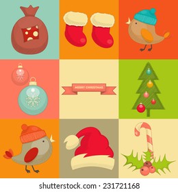 Christmas Set - Icons in Cartoon Style, Retro Design - Vector Illustration