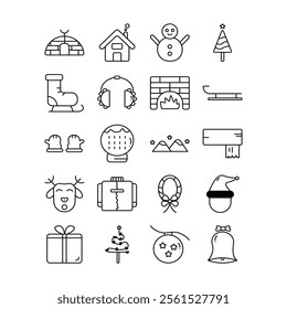 Christmas set icons design. Christmas collection of bells, santa, deer, angel, nutcracker, cookies, showman, snowstar, drums, mitten, candy, sock, tree, snowglobe, star, house, skiers, gift