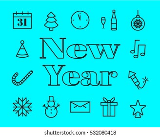 Christmas set of icons and elements, Calendar, Christmas tree, clock, champagne, balloons, firecrackers, gift, snowman, snowflake, music, cap. Vector with Happy New Year lettering