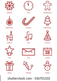 Christmas set of icons and elements, Calendar, Christmas tree, clock, champagne, balloons, firecrackers, gift, snowman, snowflake, music, cap. Xmas