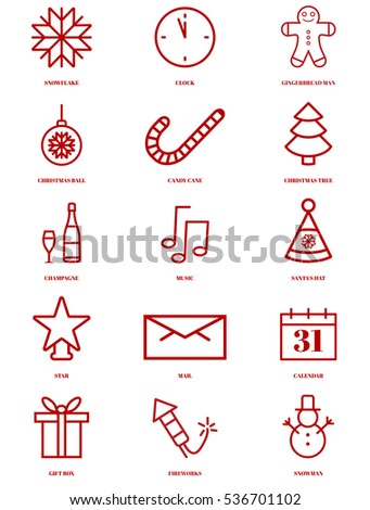 Christmas set of icons and elements, Calendar, Christmas tree, clock, champagne, balloons, firecrackers, gift, snowman, snowflake, music, cap. Xmas