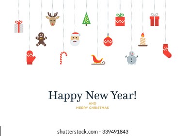 Christmas set of icons and elements, tree, deer, present, stocking, mitten and Santa. Vector Christmas Card with Happy New Year lettering