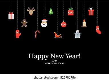 Christmas set of icons and elements, tree, deer, present, stocking, mitten and Santa. Material design Vector illustration with Happy New Year lettering