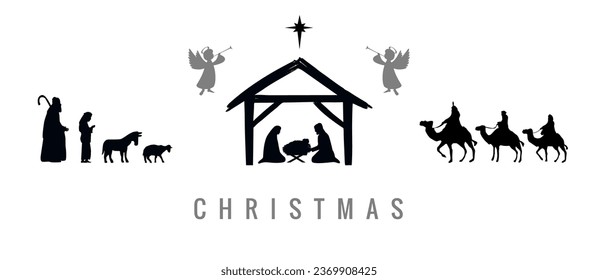 Christmas set of icons Jesus in manger, Mary, Joseph, angels, wisemen, shepherds and Bethlehem star. Vector nativity illustration