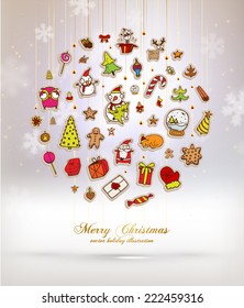 Christmas Set of Icons, Labels and Xmas Elements, Blurred Snowflakes, vector. Christmas Tree Paper Toys and Decorations. Template for Holiday Poster, Banner, Placard or Card.