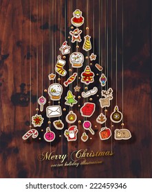 Christmas Set of Icons, Labels and Xmas Elements, Blurred Snowflakes, vector. Christmas Tree Paper Toys and Decorations. Template for Holiday Poster, Banner, Placard or Card. Wood Texture Background.