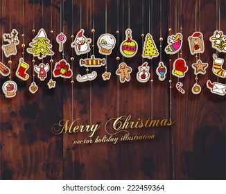 Christmas Set of Icons, Labels and Xmas Elements, Blurred Snowflakes, vector. Christmas Tree Paper Toys and Decorations. Template for Holiday Poster, Banner, Placard or Card. Wood Texture Background.