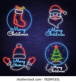 Christmas set. Set of icons New year and Christmas. Christmas socks. Tree. Christmas hat and mittens. Santa Claus. Kit neon logo, label, emblem. Neon sign, bright sign, light, banner.
