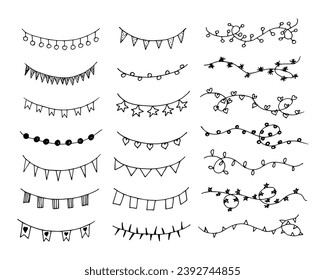 Christmas Set of illuminations, Garland lights Vector hand-drawn doodles. Christmas decorations Design isolated on white background. Elements for New Year's cards, banners.