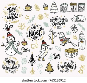 Christmas Set Illustrations. Christmas Clip arts in Vector. Hand Drawn Christmas Doodles. Set of Christmas Doodles with animals and quotes featuring snowman, bird, bear, tree, house.