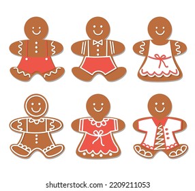Christmas set of illustrations. Gingerbread man in cartoon style. Celebration flat isolated vector.New year happy festive background.