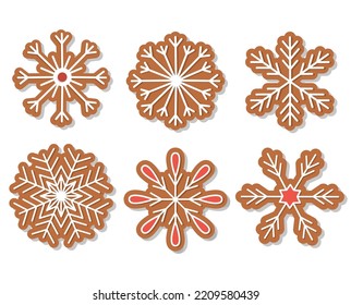 Christmas set of illustrations. Gingerbread snowflakes in cartoon style. Celebration flat isolated vector.New year happy festive background.