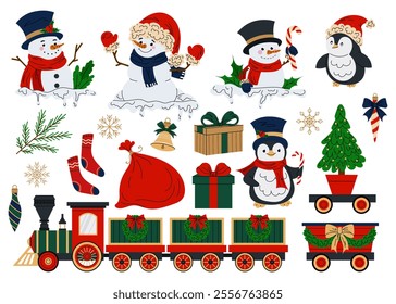 Christmas set of illustrations with penguin, snowman, toy train, snowflakes, gifts. Christmas character for cards, posters, prints. Flat illustration on white background.