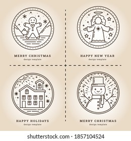 Christmas Set of illustrations in Retro style. Gingerbread, Angel, House in the Snow and Snowman. Icons and Emblems for Invitations, Greetings, Postcards and Posters. Isolated vector Collection