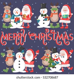 Christmas set of  illustrations Santa Claus, reindeer and snowman