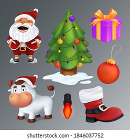 Christmas set includes a tree, gift box, red boot, garland lamp, ball, Santa Claus, white bull - a symbol of the year. Vector group of cartoon characters and decorations isolated on a grey background