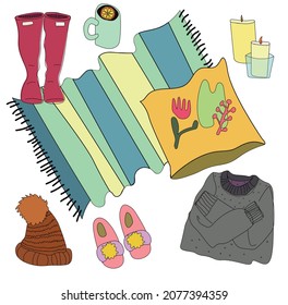 Christmas Set of interior items,decor and clothing.Autumn Illustration of pillows, carpets, candles, shoes, mittens, sweaters, candles and hats. Other stylish decor elements. Illustration about the de