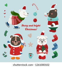 Christmas set with isolated cute bears dressed in winter clothes. Vector illustration for your design