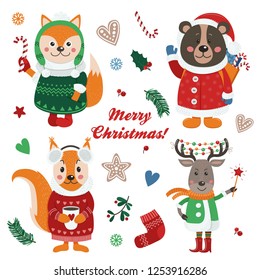Christmas set with isolated cute forest animals dressed in winter clothes. Vector illustration for your design