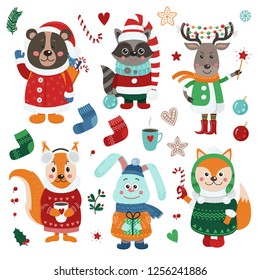 Christmas set with isolated cute forest animals dressed in winter clothes. Vector illustration for your design