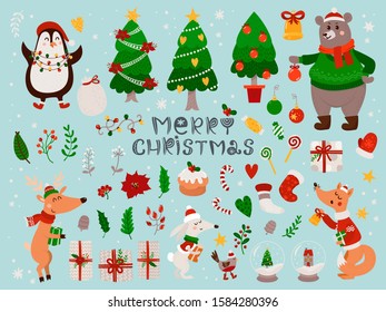 Christmas set with isolated cute forest animals and different items. Illustration for kids, X-mas holidays.