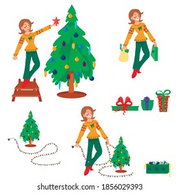 Christmas set of isolated elements of human characters and Christmas trees vector illustration: a girl prepares for the new year, dresses up a Christmas tree, buys gifts and has fun. vector 