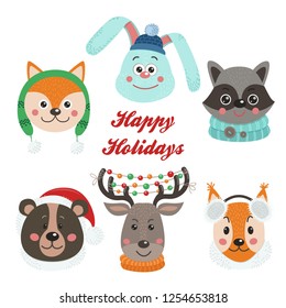 Christmas set with isolated face animals. Vector illustration for your design