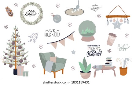 Christmas set with of isolated festive elements in Pastel colors. Christmas tree, chair, snow globe, wreath, cup and others. For prints, textile, scrapbooking. 