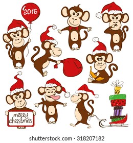 Christmas set of isolated funny cartoon monkey icons. Symbol of the New Year 2016.