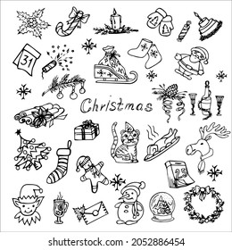 Christmas set isolated on a white background.Symbols of the New year and Christmas, a Christmas tree, a sled, a turkey.santa,bump,snowman,deer,cinnamon,gifts...Doodle illustrations.Vector.