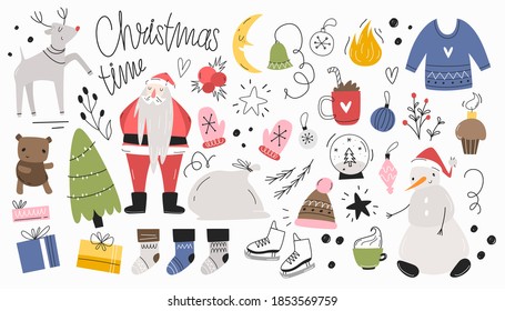 Conjunto navideño de aislados en un estilo dibujado a mano. Diseño moderno, letras.
