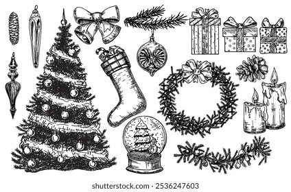 Christmas set of items. Christmas concept. Design elements hand drawn in vintage style. Christmas tree, gifts, Christmas tree decorations. Holiday decorations. Engraving sketch vector illustration. 