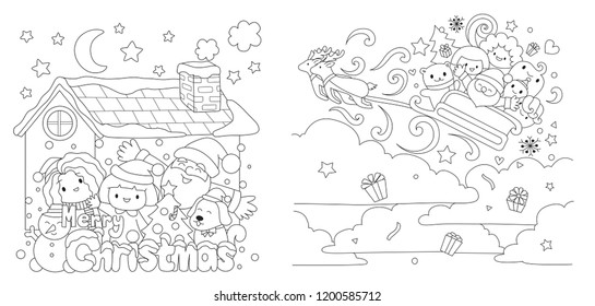 Christmas set, Kids and Santa Clause enjoy Christmas even for printed cards, invitation, engraving, t shirt and coloring book page for anti stress.