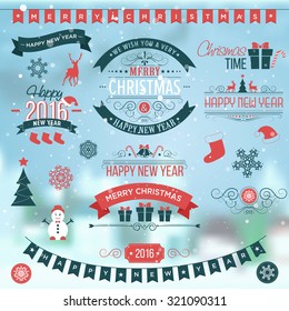 Christmas set labels emblems on winter background with xmas tree, deer, santa, angel, candle, christmas toys, gifts and bells.