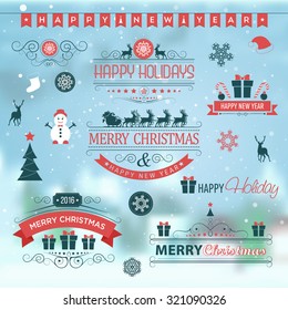 Christmas set labels emblems on winter background with xmas tree, deer, santa, angel, candle, christmas toys, gifts and bells.