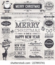 Christmas set - labels, emblems and other decorative elements. Newspaper stile.