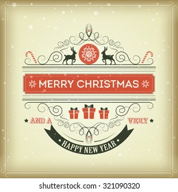 Christmas set - labels, emblems and other decorative elements with deer and gifts.