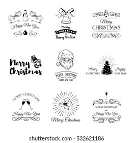Christmas set - labels, emblems and other decorative elements. tree, santa claus, glass of champagne, ball, mittens, snowman,