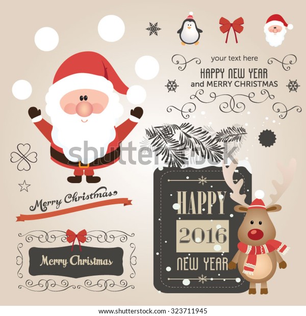 Christmas set -\
labels, emblems and other decorative elements. Cute Santa Claus and\
friends. Vector\
illustration
