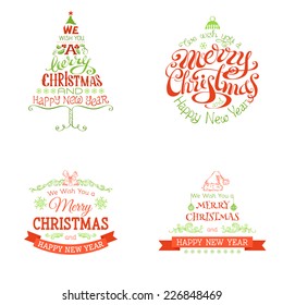 Christmas set of labels and emblems. Red and green decorative elements isolated on white background.