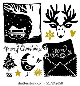 Christmas set. Landscape, tree, bench, bird, star, heart, snowflake, envelope, reindeer hand drawn. Merry christmas hand written font. Black, white, gold colors