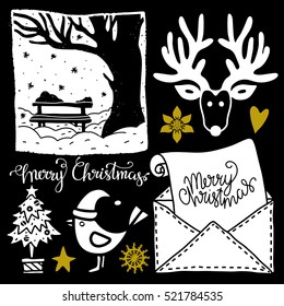 Christmas set. Landscape, tree, bench, bird, star, heart, snowflake, envelope, reindeer hand drawn. Merry christmas hand written font. Black, white, gold colors
