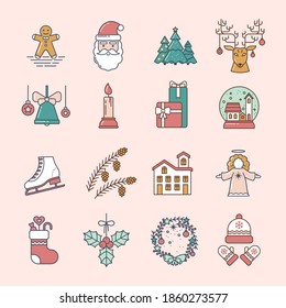 Christmas set of Line Art Colored Icons. Gingerbread, Santa, Christmas tree, Reindeer, Bell, Candle, Gift, Snow Globe, Skate, Cones, House, Angel, Sock, Mistletoe, Wreath, Hat and Mittens. Simple logo