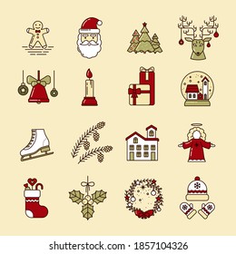 Christmas set of line art icons. Ginger cookies, Santa, Christmas trees, reindeer, bell, candle, gifts, glass ball, skates, cones, house, angel, sock, mistletoe, wreath, hat and mittens. Simple logo