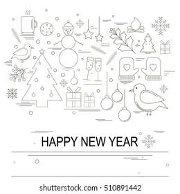 Christmas set with line style vector. New Year symbols.