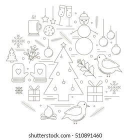 Christmas set with line style vector. New Year symbols.