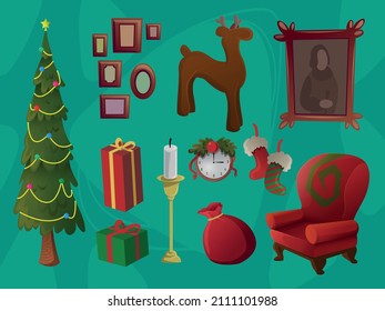 christmas set at living room vector icon illustration, frame, christmas tree, dear doll, lamp, clock, gift. 